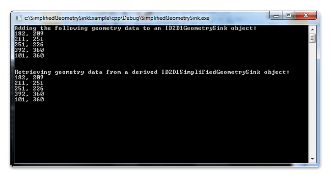 screen shot of a console window with output about adding and retrieving geometry data