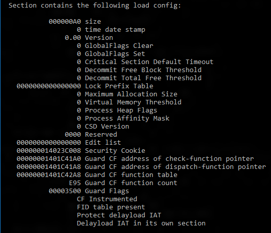 snímek obrazovky s výstupem příkazu dumpbin /loadconfig