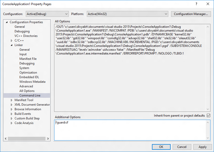 snímek obrazovky s konfigurací sestavení Další možnosti příkazového řádku linkeru v sadě Visual Studio s vlastností nastavenou na /guard:cf