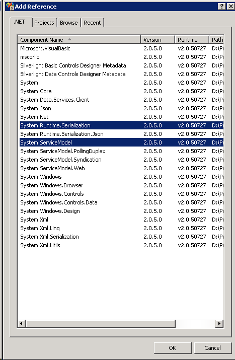 Add references dialog box with system.runtime.serialization and system.servicemodel selected