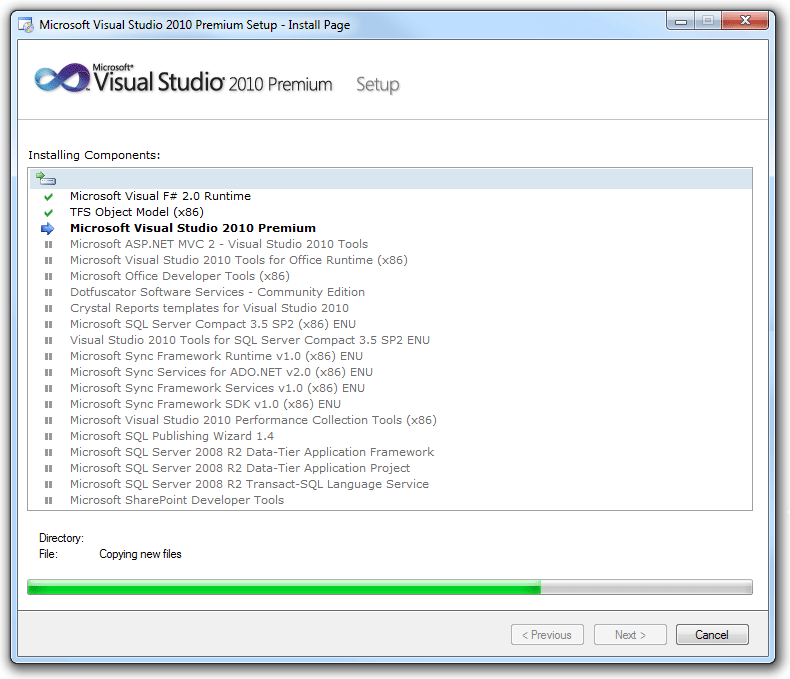 snímek obrazovky s nastavením sady Visual Studio, úplným seznamem 