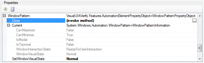 close method of the window control pattern invoked from the properties pane