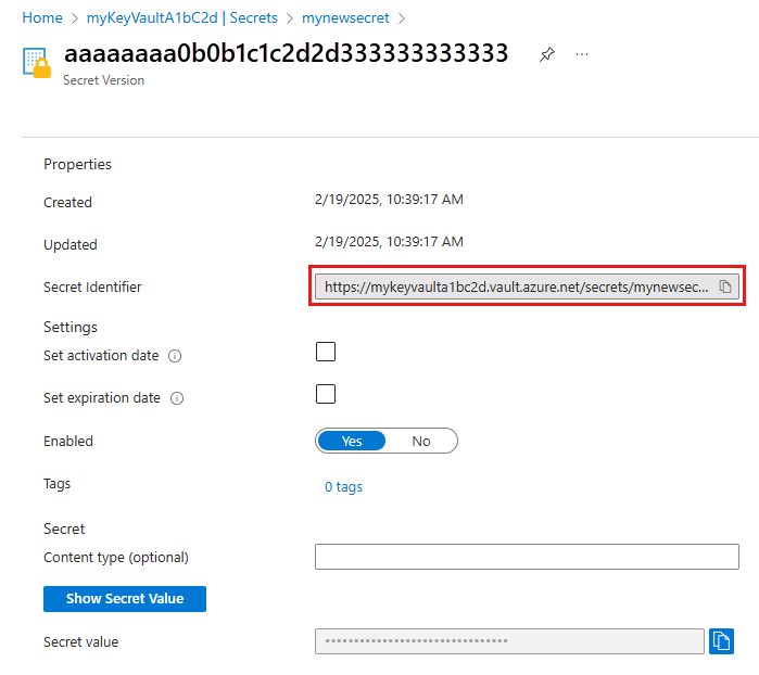 Screenshot of Key Vault secret identifier.