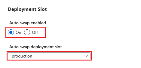 Screenshot that shows selections for configuring auto swap into the production slot in the portal.