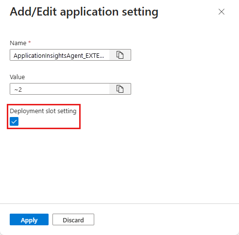 Screenshot that shows the checkbox for configuring an app setting as a slot setting in the Azure portal.