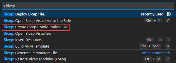 Screenshot of how to create Bicep configuration file in Visual Studio Code.