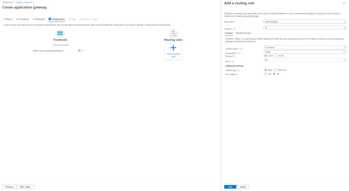 Screenshot showing Create new application gateway: listener.