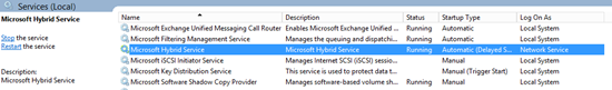 The Microsoft Hybrid Service in the list of Windows Services.