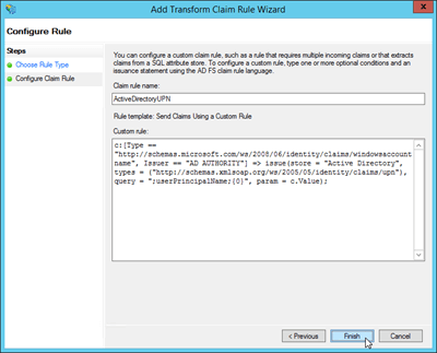 On the Configure Rule page in the Add Transform Claim Rule wizard, configure the claim rule settings for the Active Directory UPN.