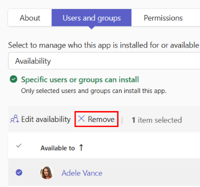 Screenshot showing how to remove the existing availability of an app from the app details page.