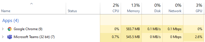 Teams memory usage for the desktop app and Web app.