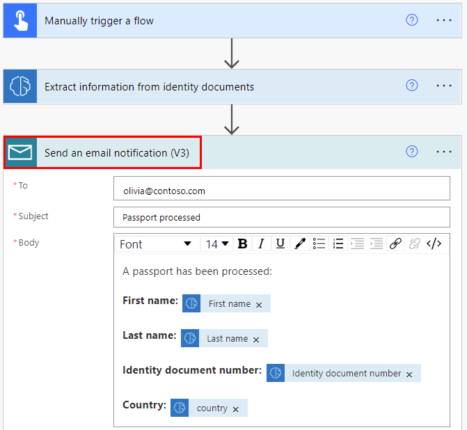 Skærmbillede af en send email-connector i et manuelt udløst trin til udpakning af oplysninger i et flow.