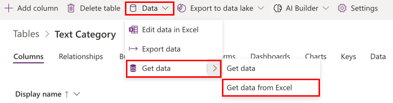 Skærmbillede, der viser Hent data fra Excel.