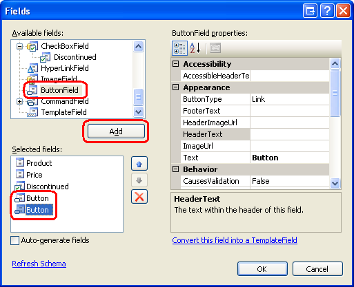 Add Two ButtonFields to the GridView