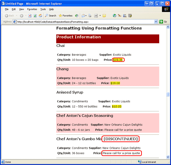 Screenshot showing products listed in the DataList control, with the price of products costing more than $20.00 replaced with the text, 'Please call for a price quote.'