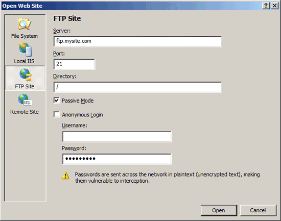 Screenshot of the Open Web Site dialog, which shows the connection information is filled into the text fields.