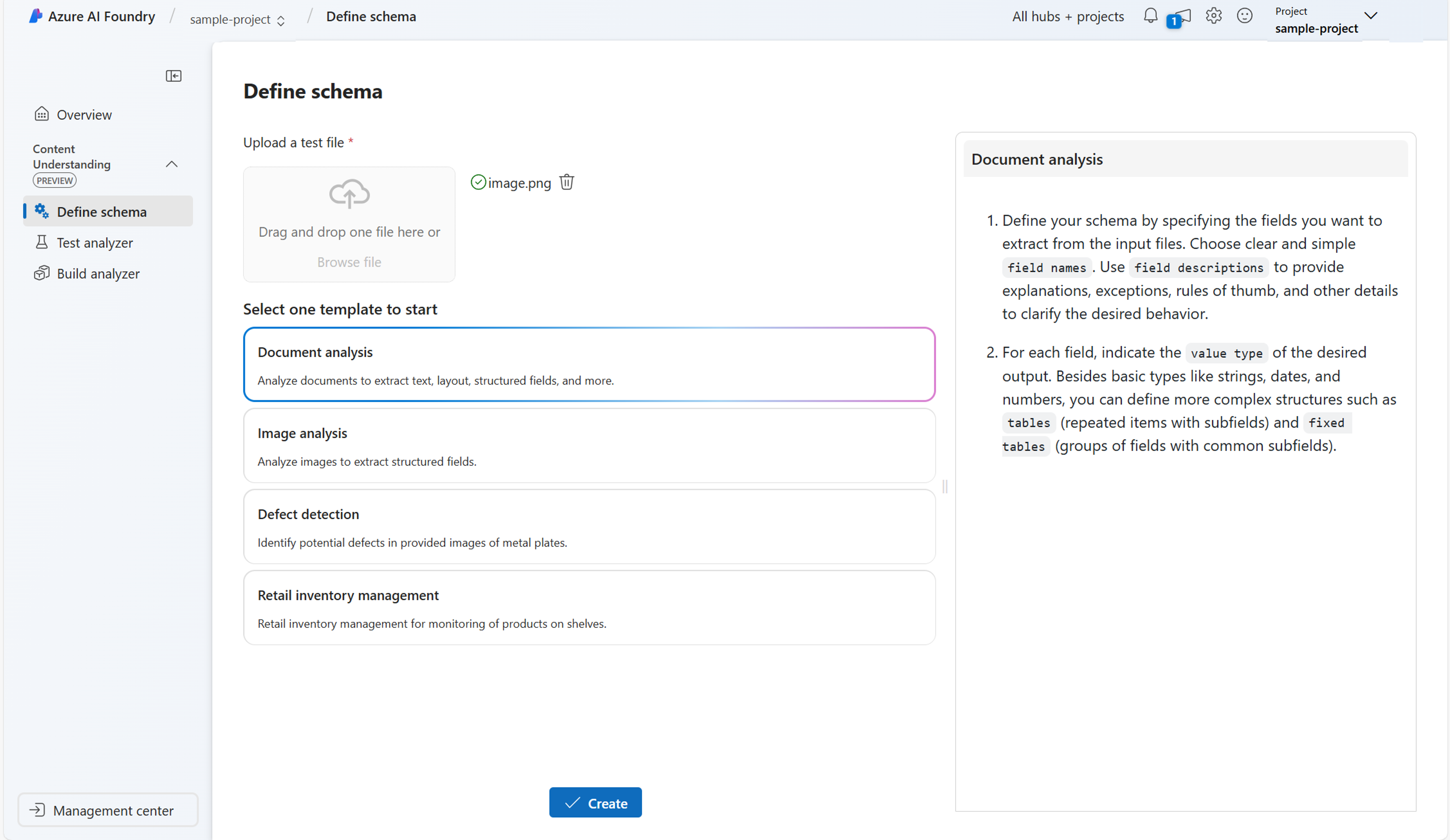 Screenshot of document analyzer template.