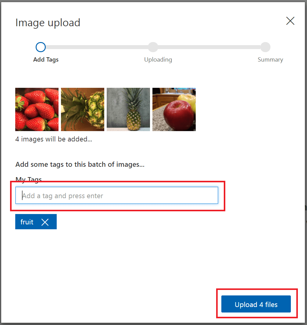 Screenshot of the image upload page with a field to add tags.