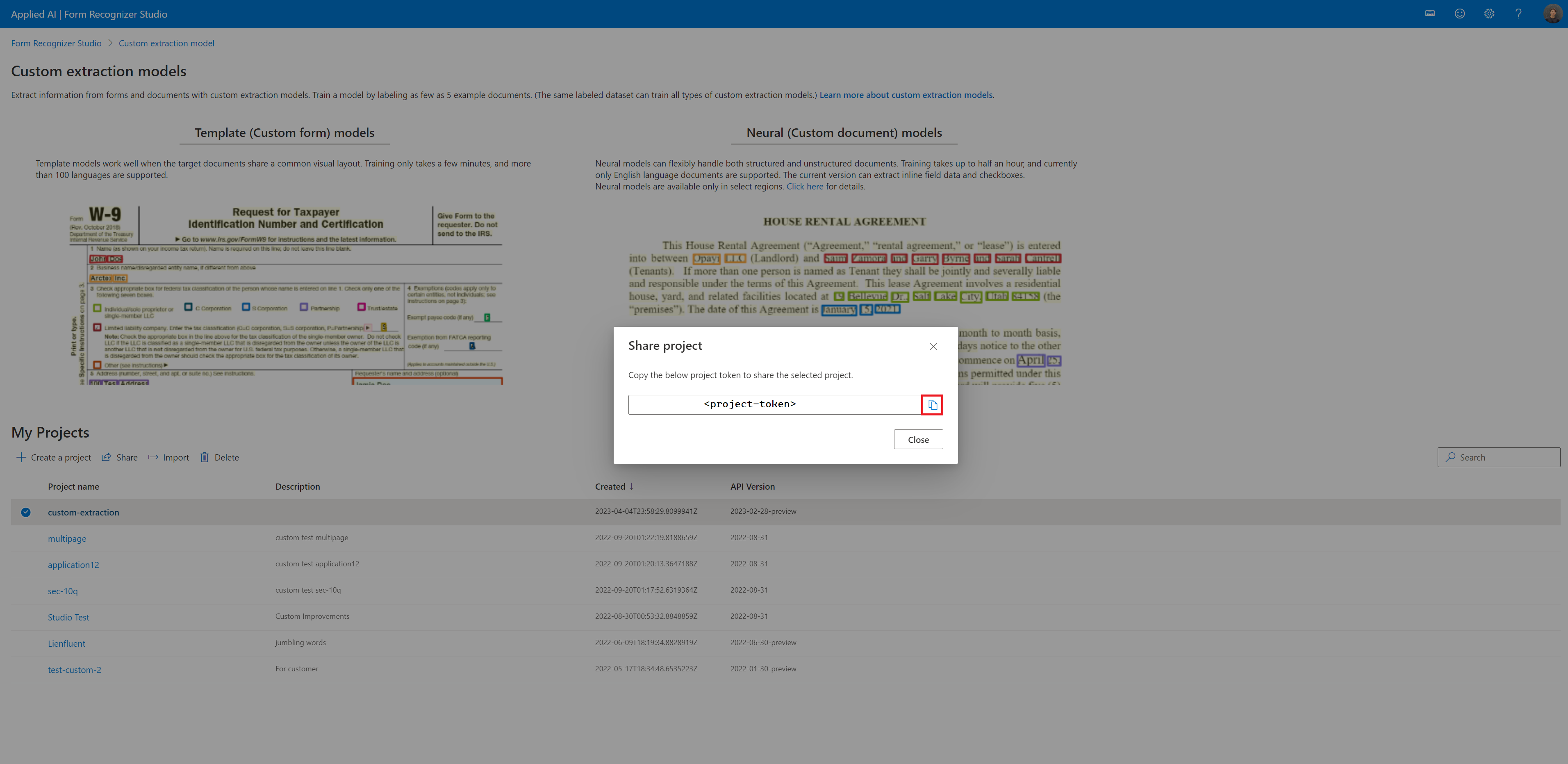 Screenshot showing how to copy the project token.