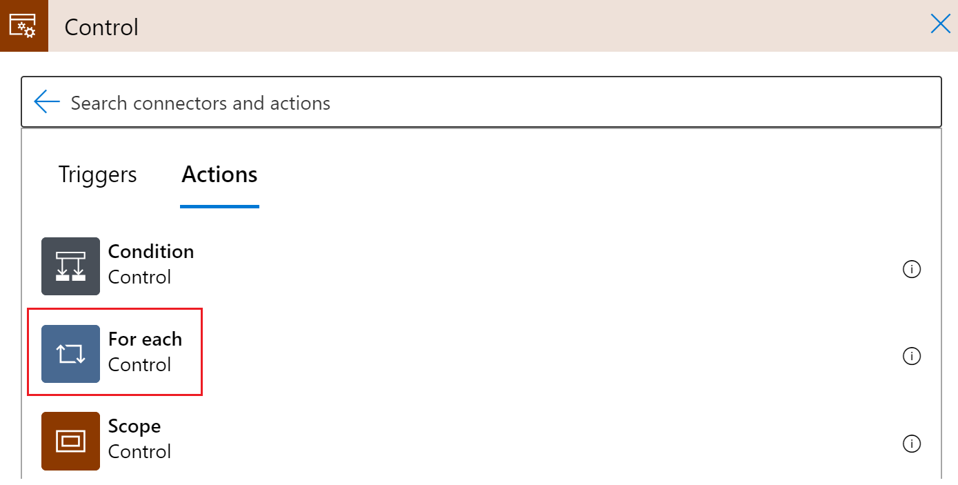 Screenshot of the For Each Control tile from the Control menu. 