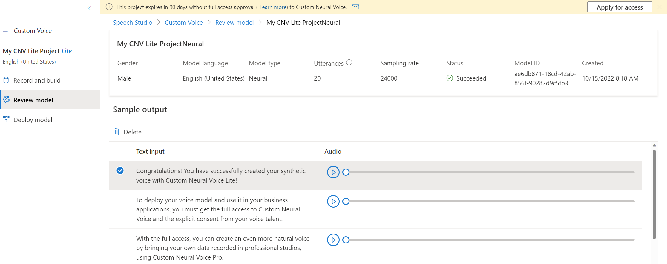 Screenshot of the review sample output dashboard.