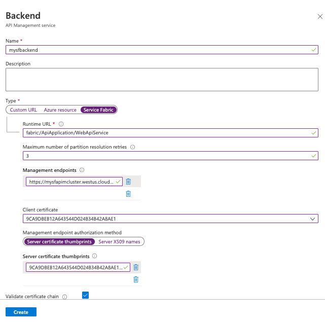 Create a service fabric backend