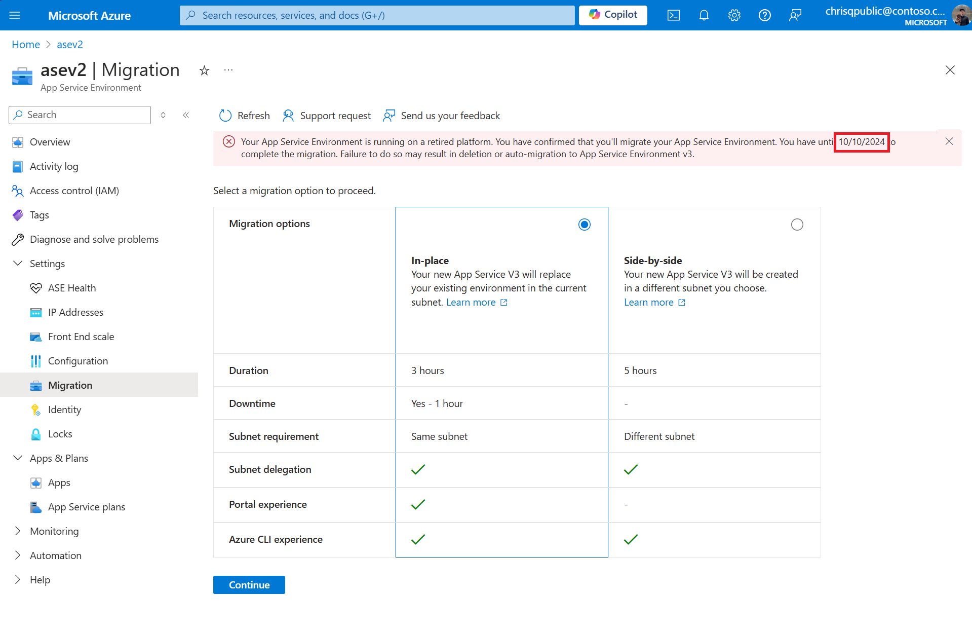 Screenshot that shows the banner on the Migration page where you see the end date for the 30-day grace period that is provided.