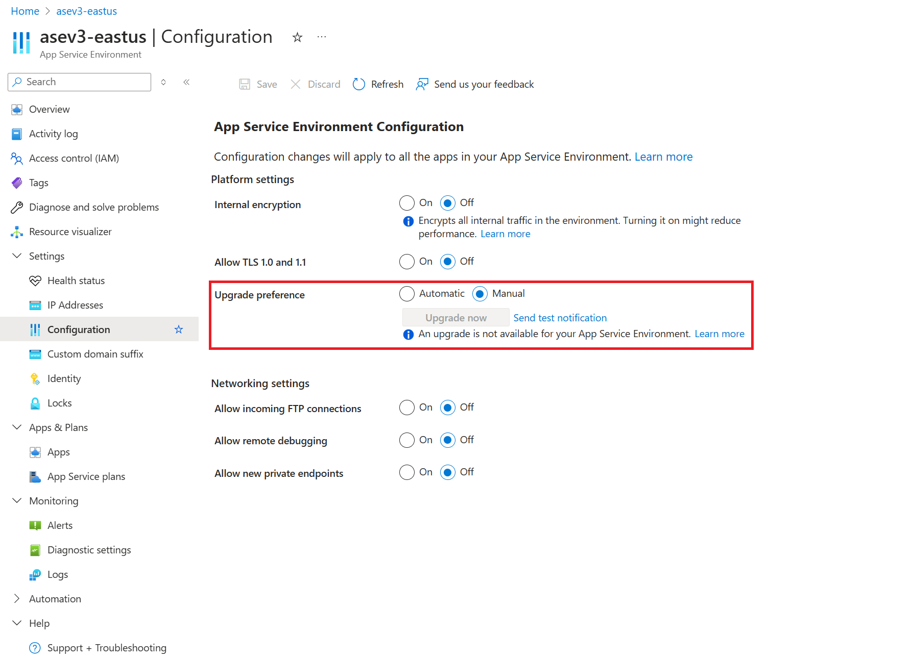 Screenshot that shows the App Service Environment upgrade preference setting.