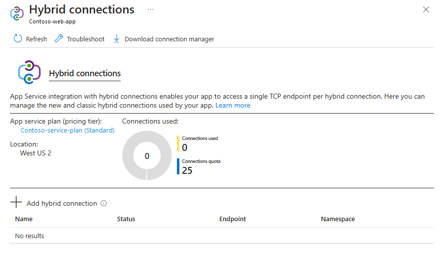 Screenshot of Hybrid Connection list where you can add and manage connections.