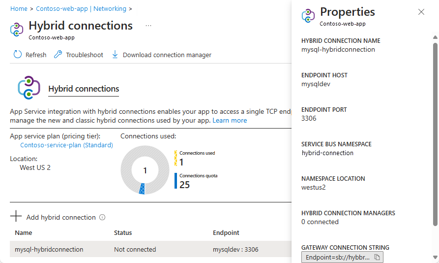 Screenshot of Hybrid connections details.