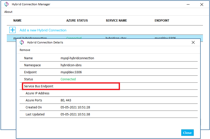 Screenshot of Hybrid Connection Service Bus endpoint.