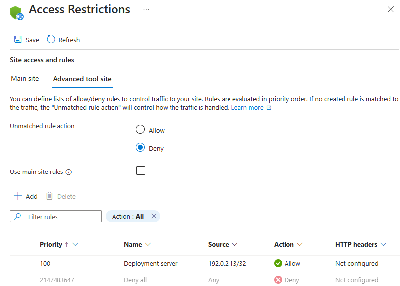 Screenshot of the 'Access Restrictions' page in the Azure portal, showing that no access restrictions are set for the SCM site or the app.