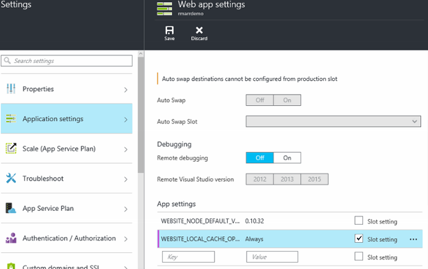 Azure portal app settings: Local Cache