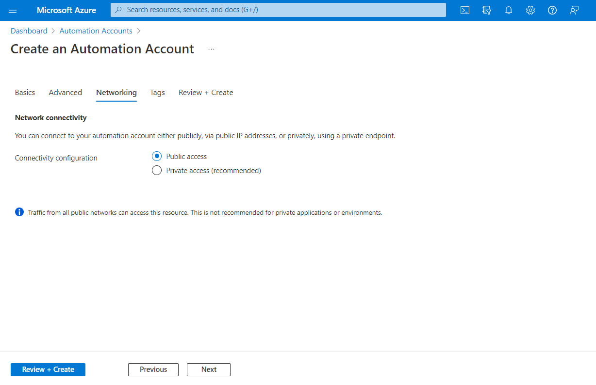 Screenshot shows the required fields for creating the Automation account on Networking tab.