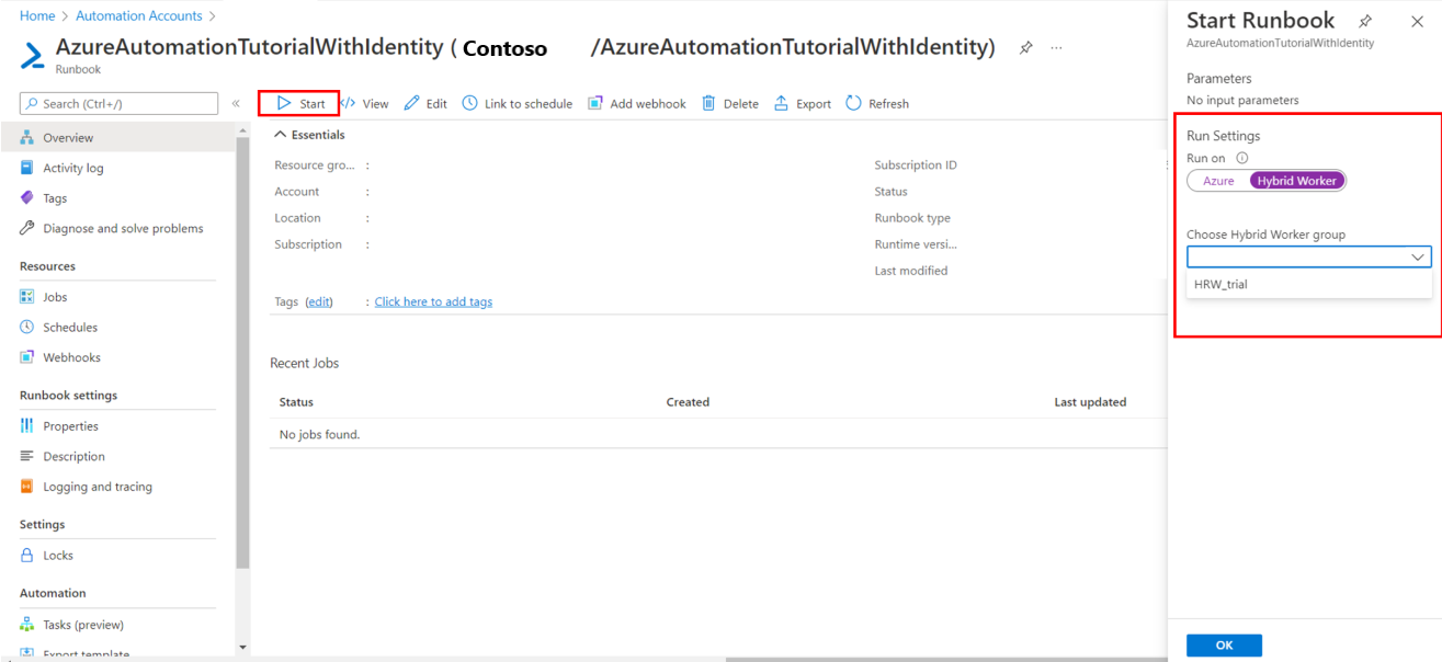 Screenshot showing how to select the Hybrid Runbook Worker group.