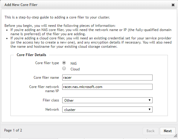 Screenshot of the Add new core filer page with the core filer name and its fully qualified domain name