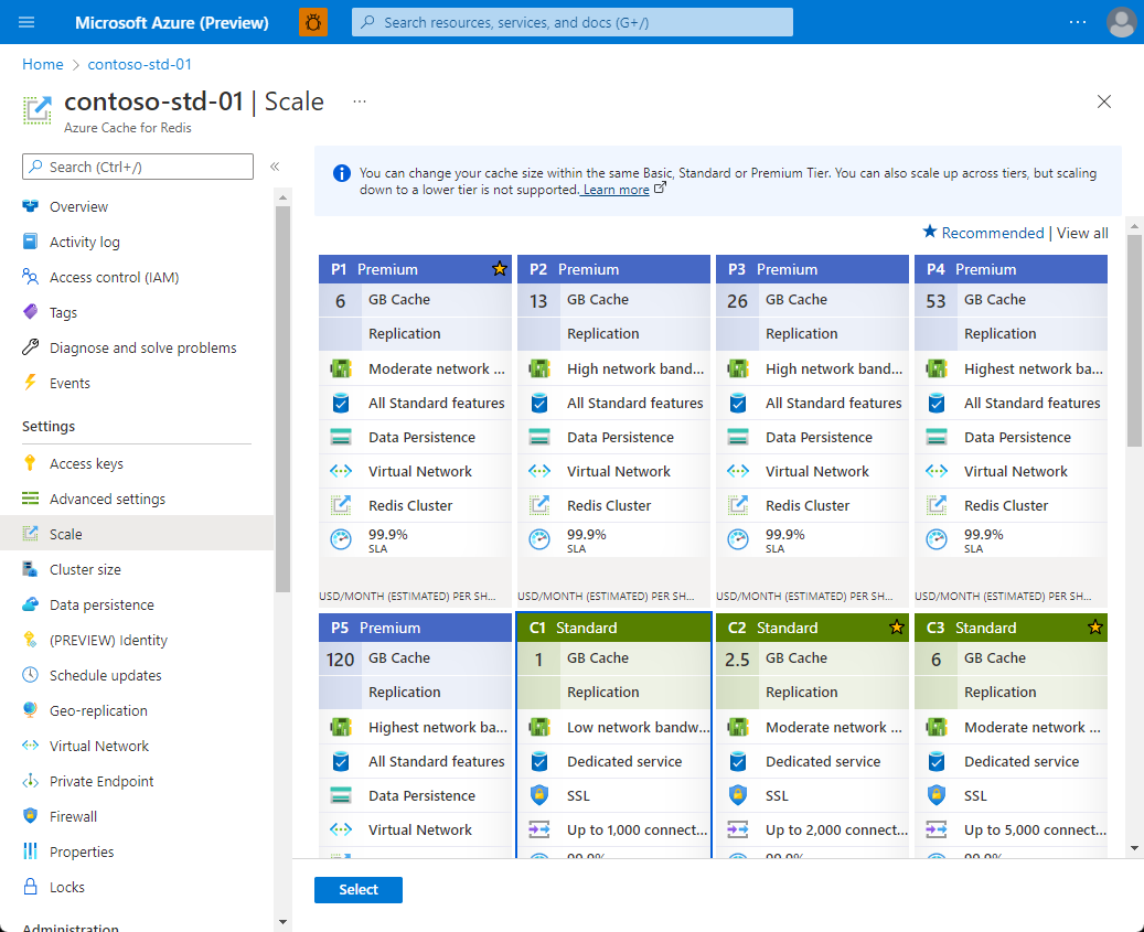 Azure Cache for Redis pricing tier