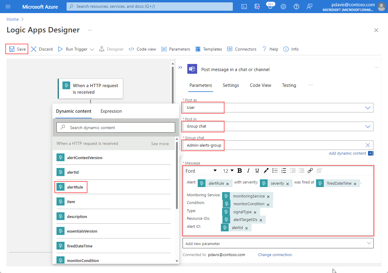 Screenshot that shows the Parameters tab on the Post message in a chat or channel pane.