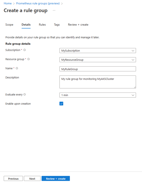 Screenshot that shows configuration of Prometheus rule group details.