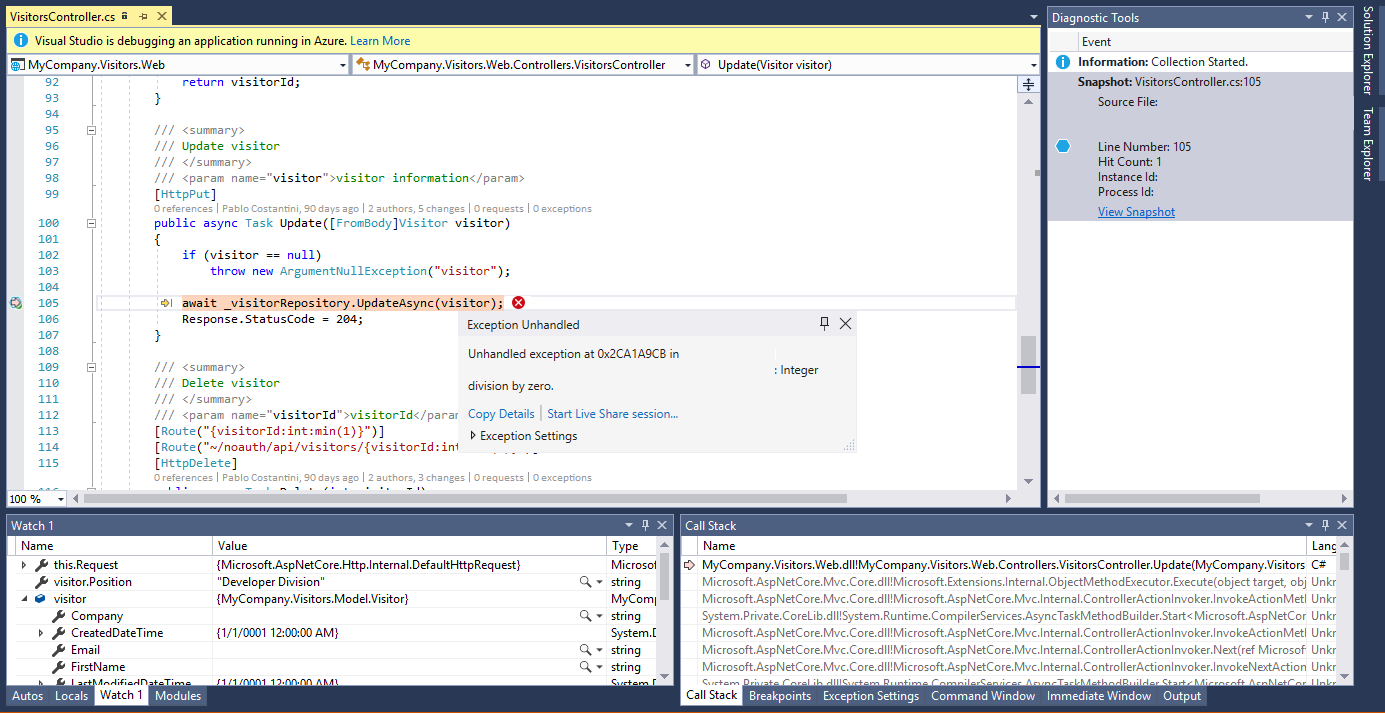 Screenshot showing the debug snapshot in Visual Studio.