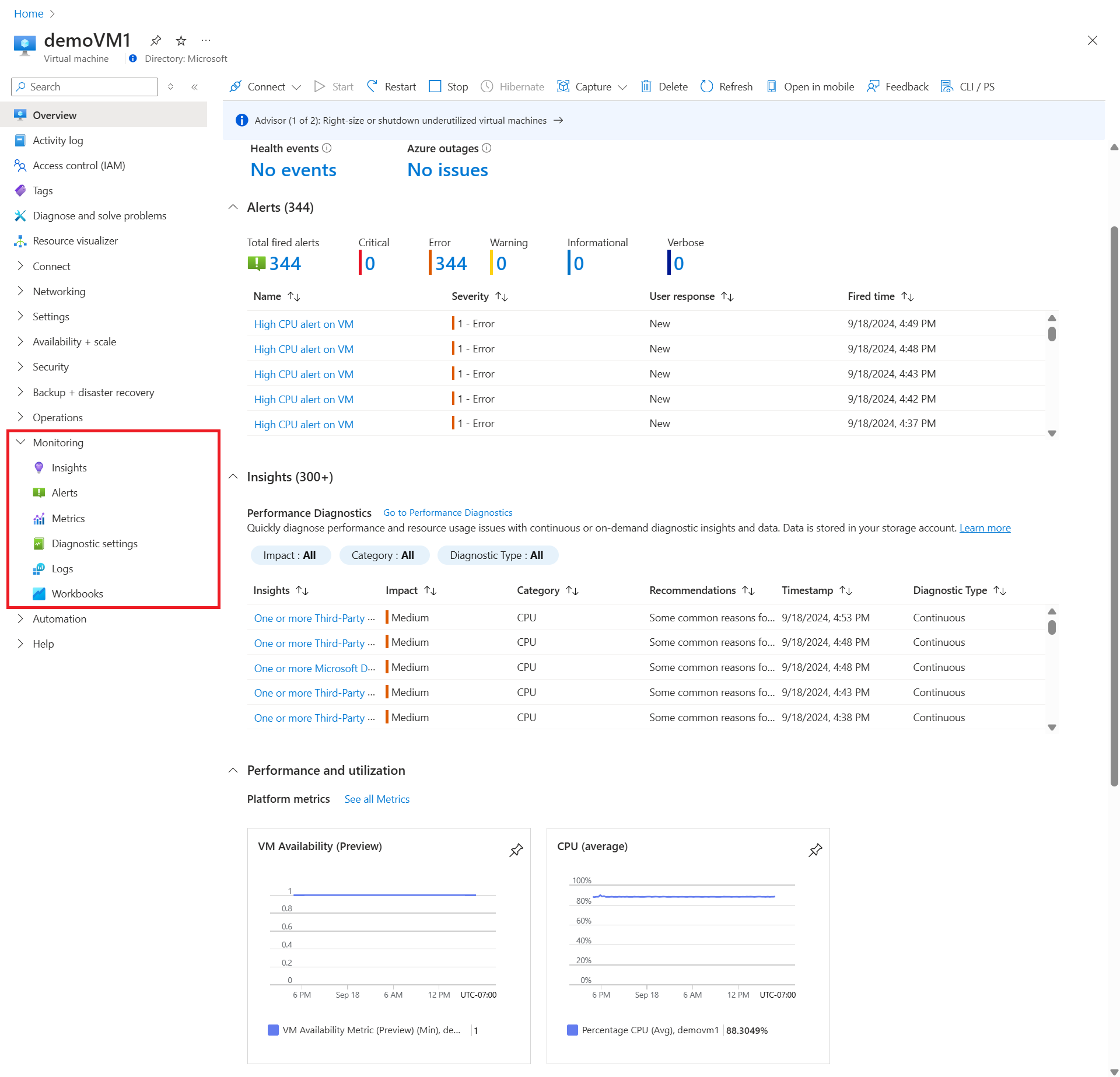 Screenshot that shows analyzing a VM in the Azure portal.