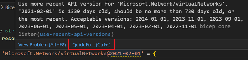 A screenshot of using Quick Fix for the use-recent-api-versions linter rule.