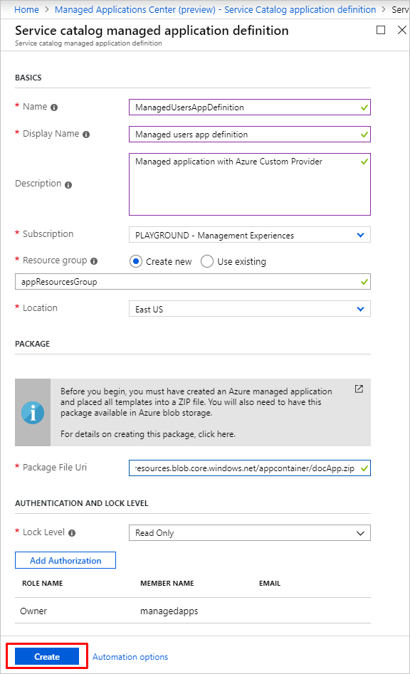 Create managed application definition