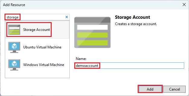 Screenshot of the Add New Resource window with Storage Account selected.