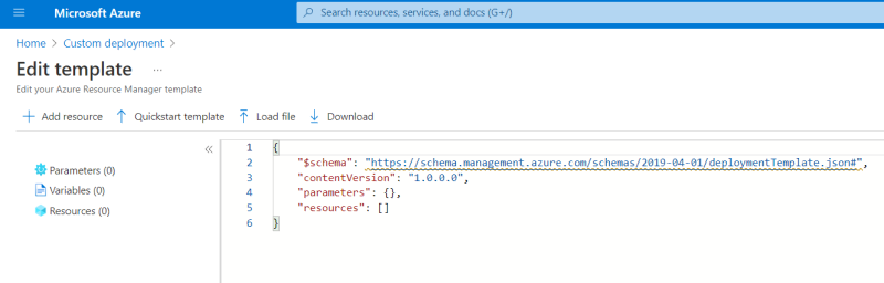 Screenshot of blank ARM template in Azure portal.