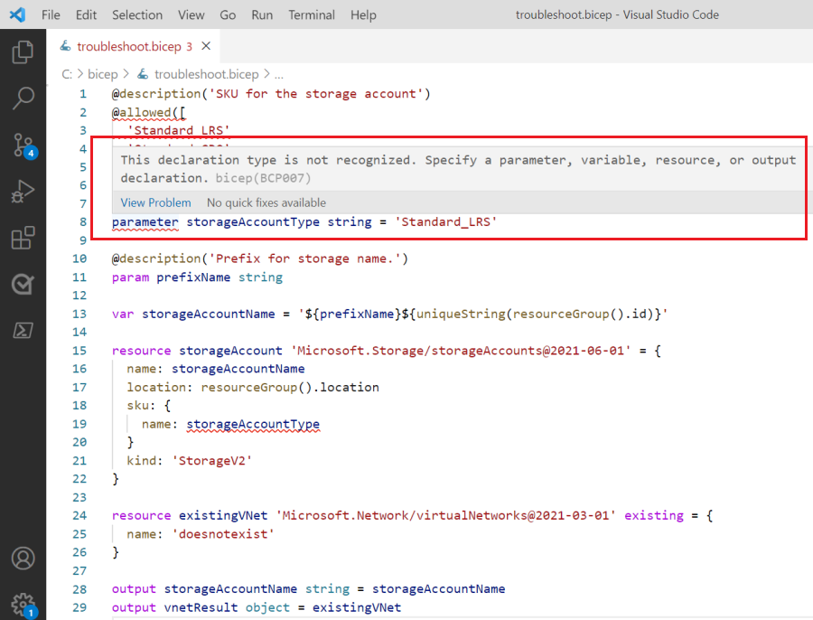 Screenshot of a detailed error message displayed in Visual Studio Code when hovering over a syntax error in a Bicep file.