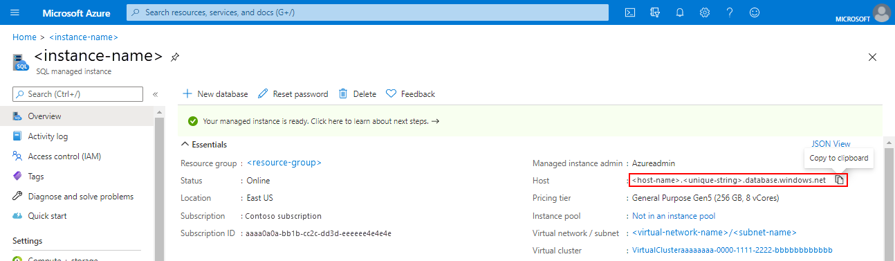 Screenshot of the Overview page for the instance in the Azure portal with the hostname selected.