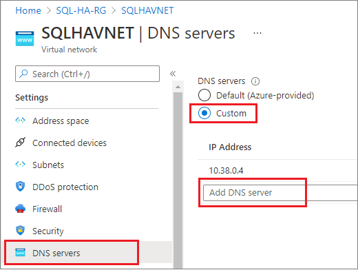 Screenshot showing DNS servers selected under Settings in the Azure portal.