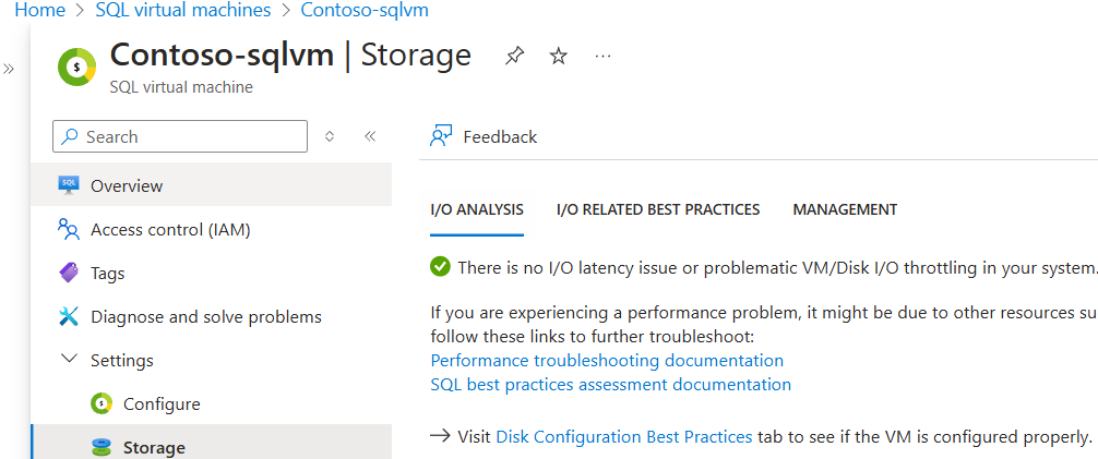 Screenshot of the Azure portal, SQL virtual machines resource, showing where to view storage information.