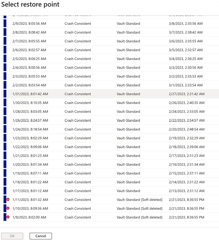 Screenshot shows how to filter recovery points for soft delete.